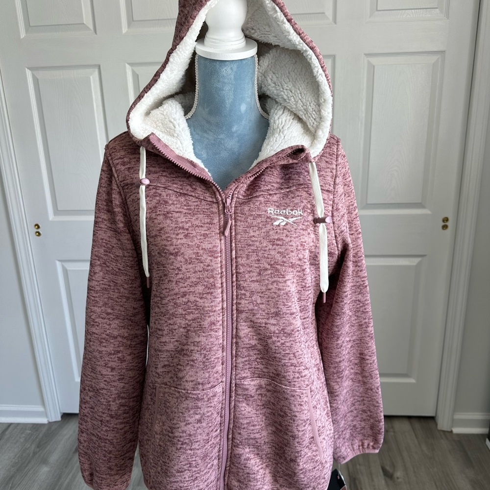 Reebok Sherpa Lined Fleece Hoodie Jacket Women’s Heather Cranbury Pink Sz LARGE